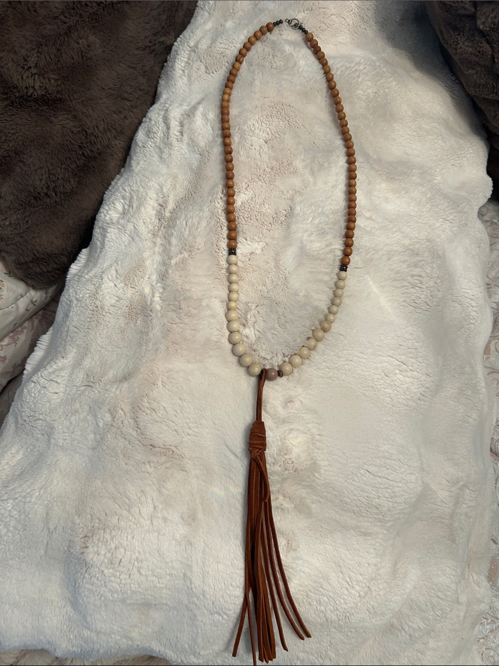 Boho Tassel Beaded Necklace - Brown and Cream